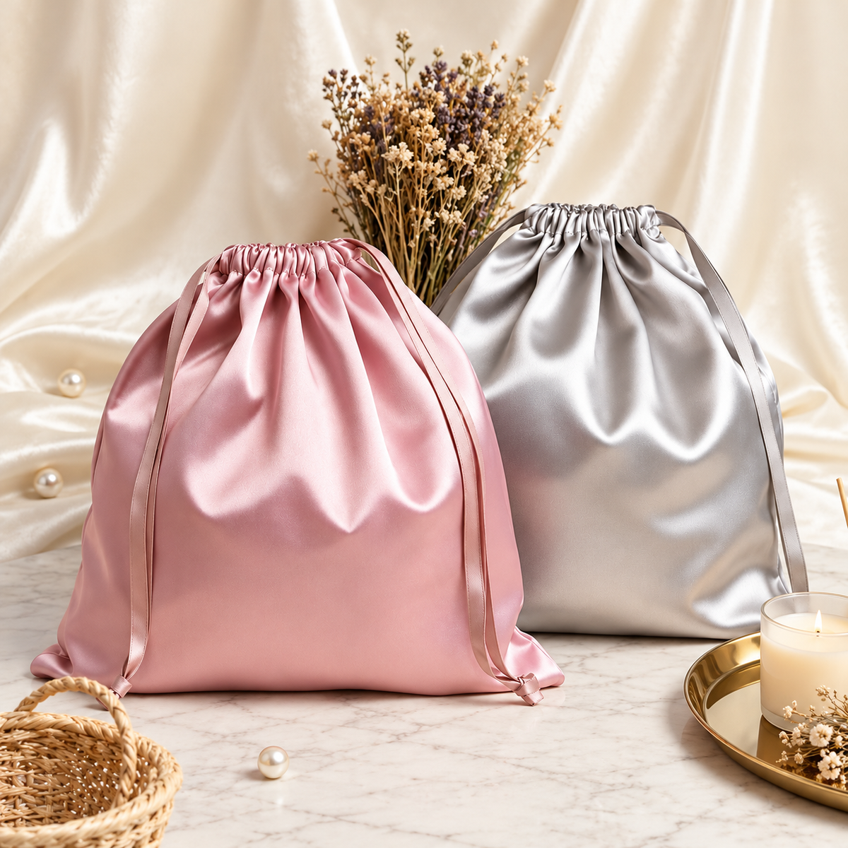 Elegant satin drawstring gift pouches arranged on marble