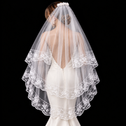 Lace veil bridal back portrait — Seraphine Double-Layer Floral Lace Bridal Veil