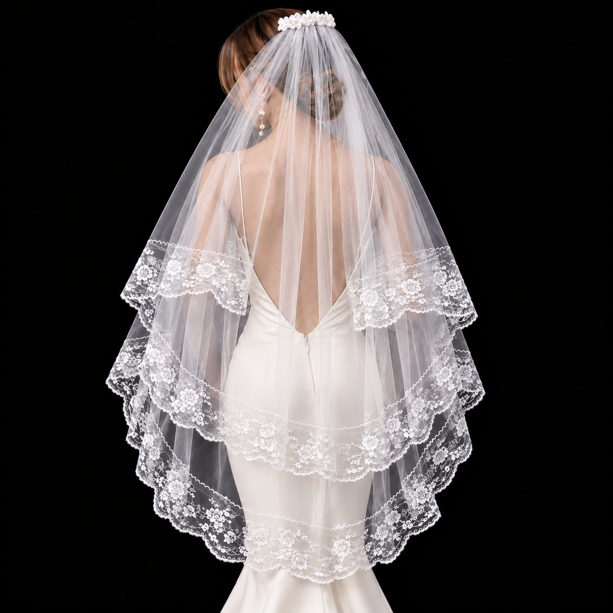 Lace veil bridal back portrait — Seraphine Double-Layer Floral Lace Bridal Veil
