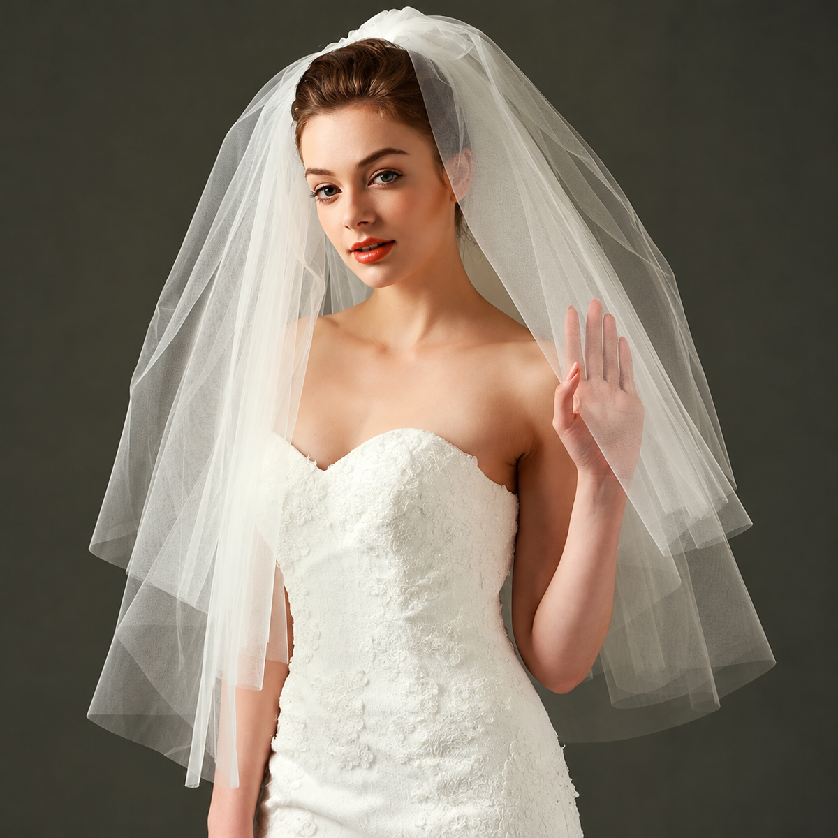 Side view of the Juliette classic short bridal veil framing the bride's face and shoulders