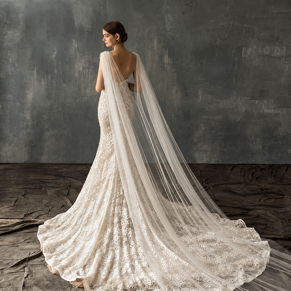 Ethereal lace bridal veil with delicate detailing, Seraphina cathedral style