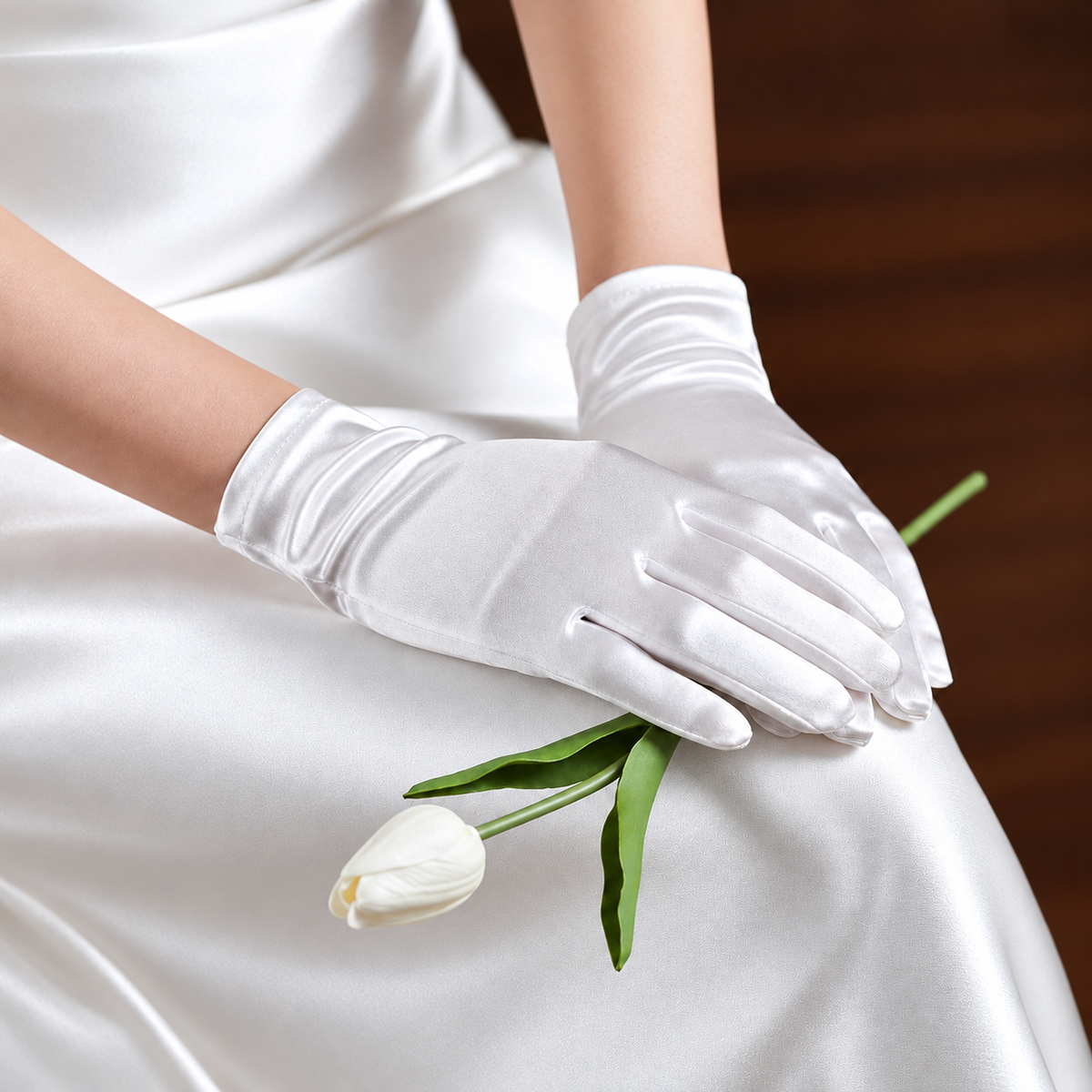 Bride wearing white satin gloves while holding a white tulip