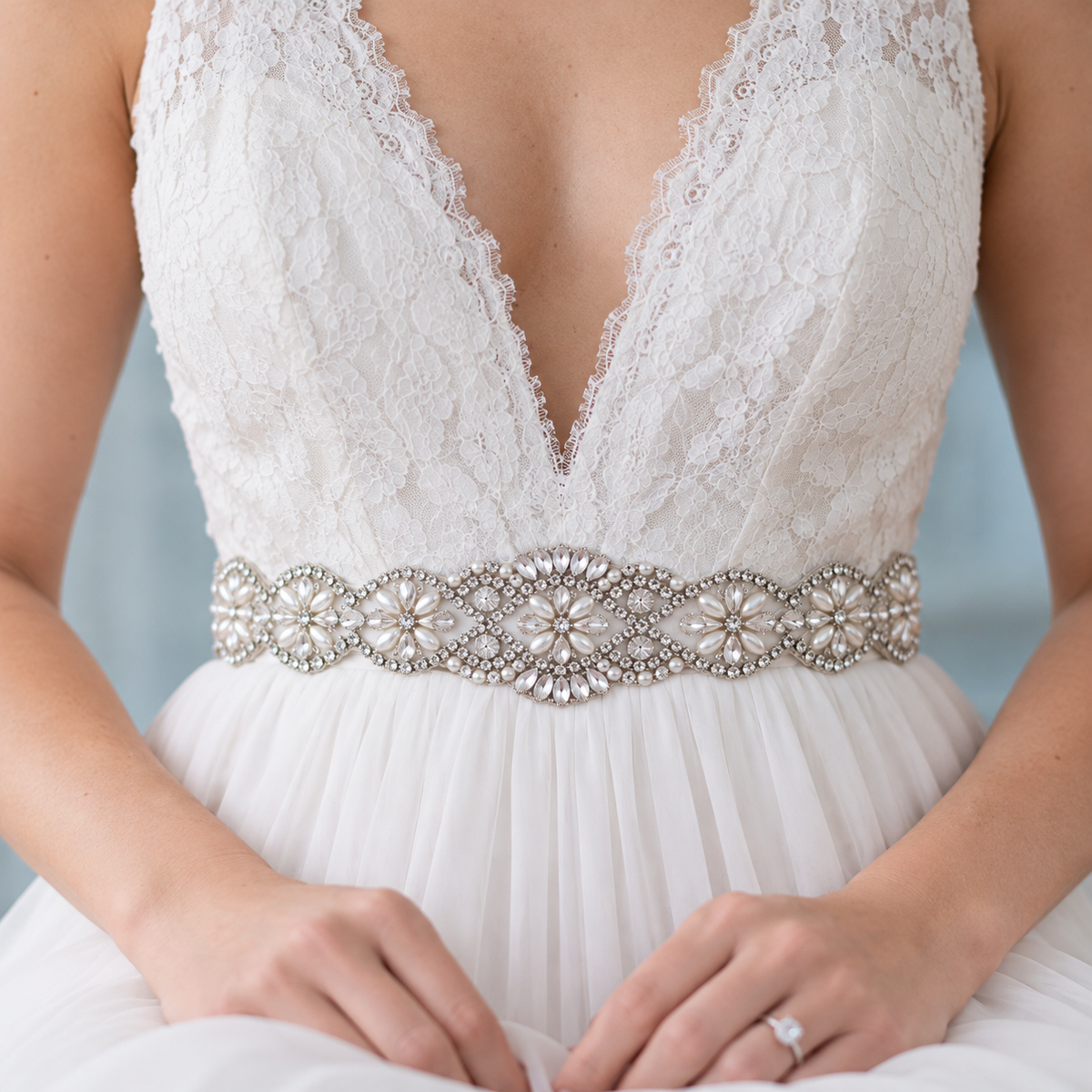 Intricate crystal belt wedding dress — Celestine Crystal Ribbon Bridal Sash