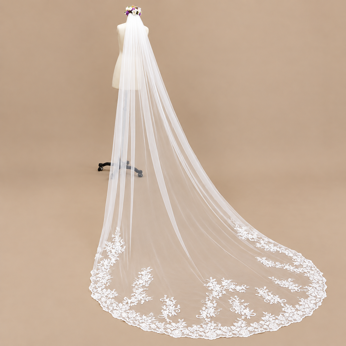 Ivory Cathedral Veil Display 1 — The Florence Floral Appliqué Cathedral Bridal Veil