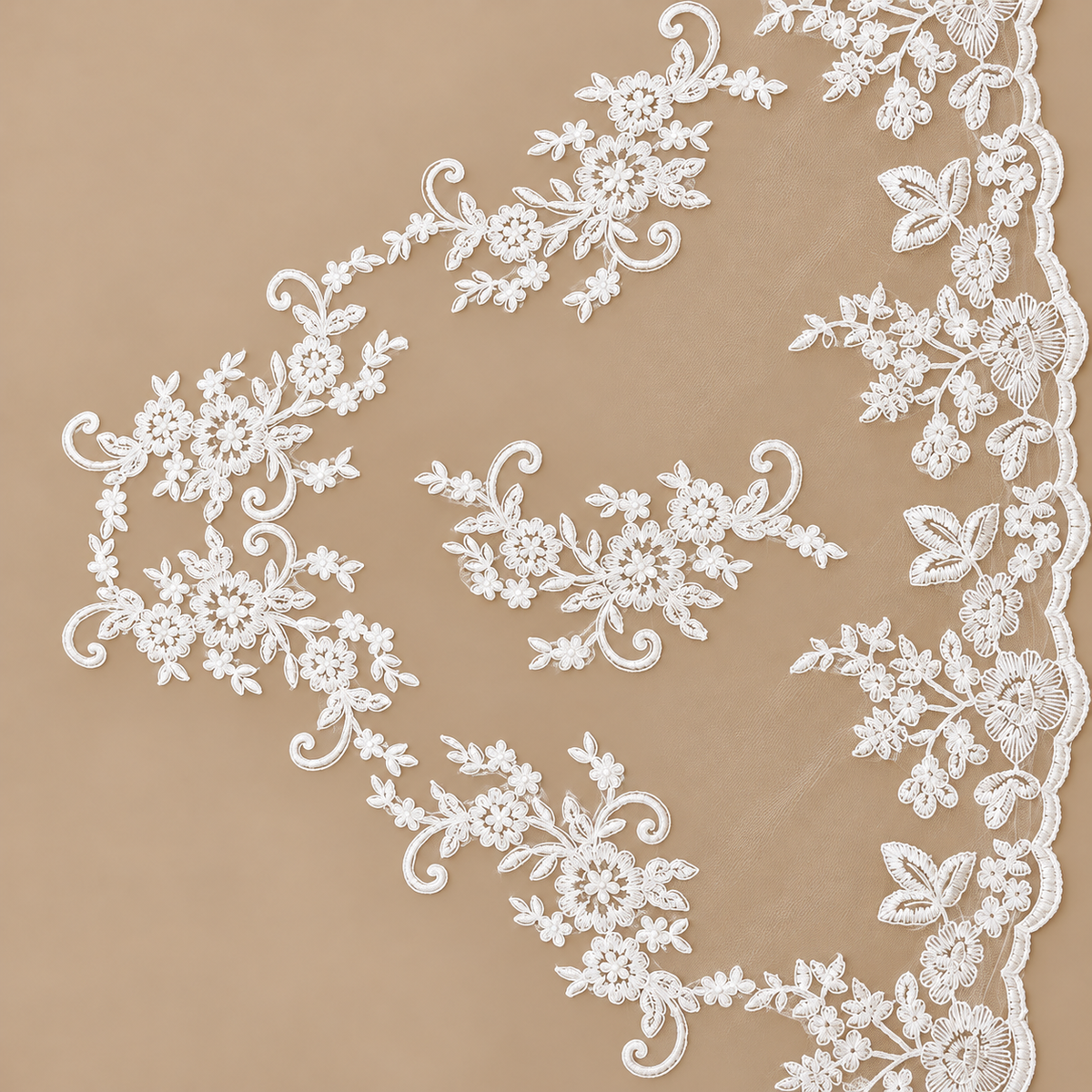 Ivory Lace Veil on Beige Background — The Florence Floral Appliqué Cathedral Bridal Veil