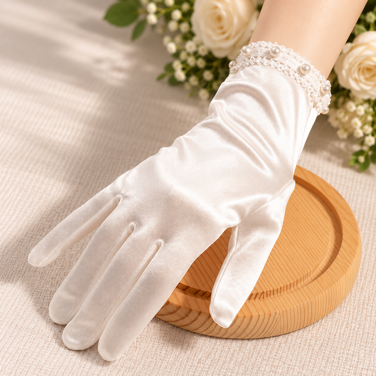 White satin bridal gloves displayed with elegant wrist details | Lumi Bride