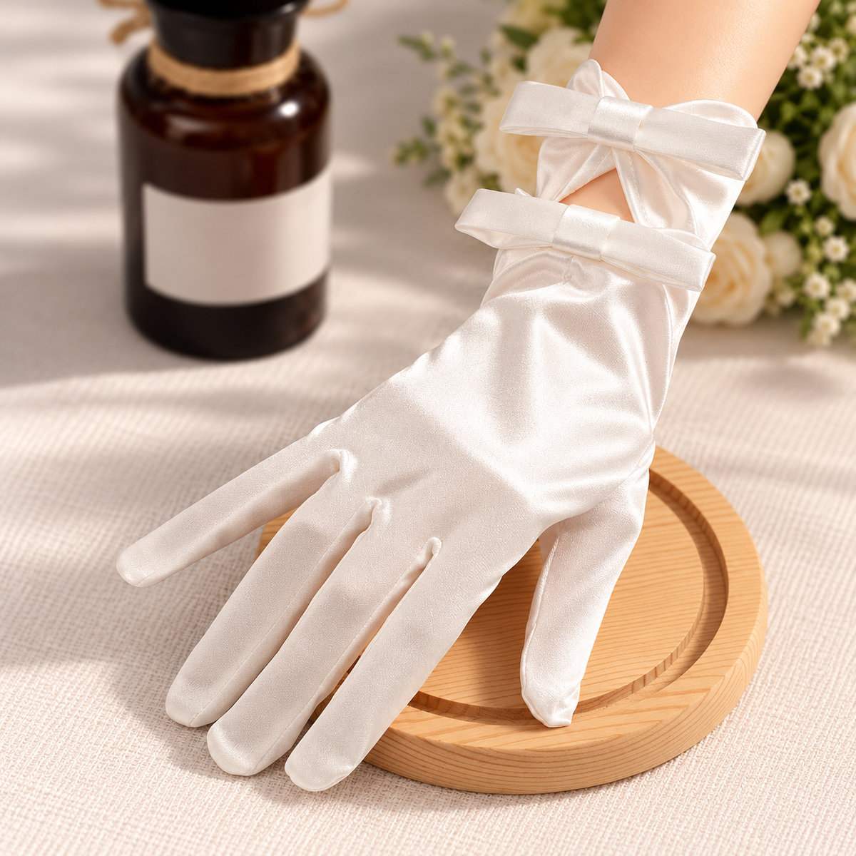 White satin bridal glove shown in a close-up still life