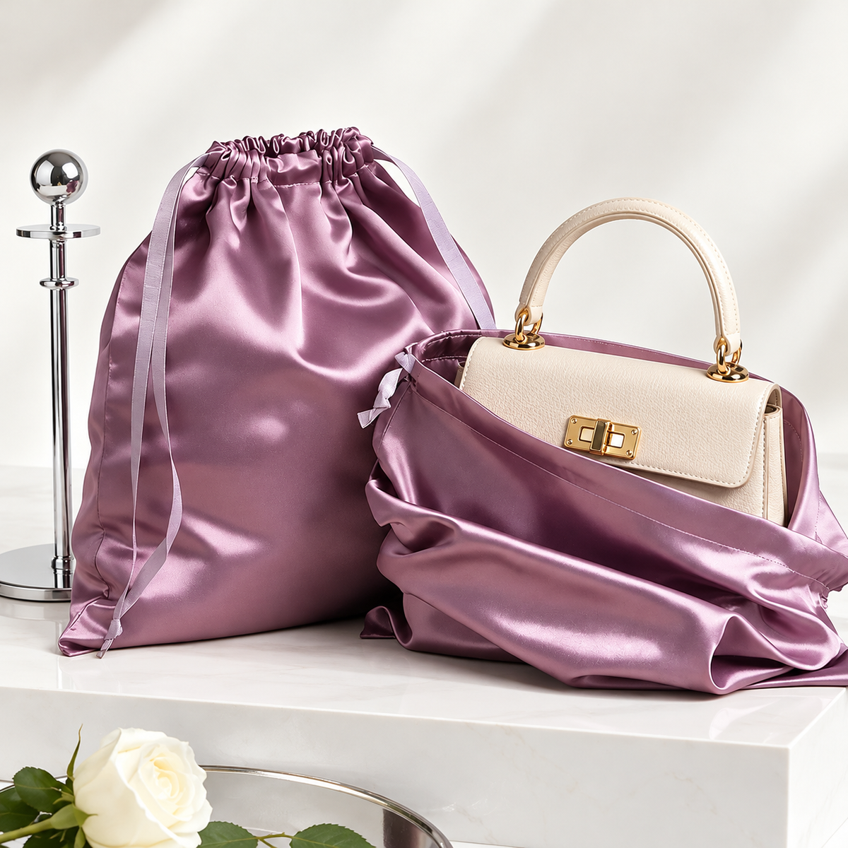 Lavender satin drawstring gift pouch in an elegant setting