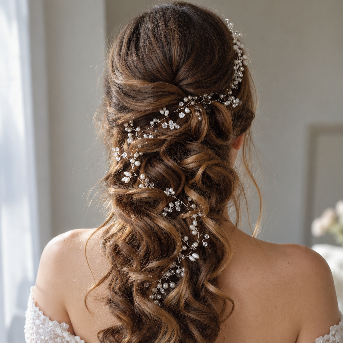Pearl adorned bridal curls — Celeste Crystal Pearl Bridal Hair Vine