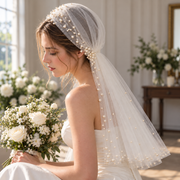 Pearl Studded Veil and Bridal Bouquet — The Giselle Scattered Pearl Bridal Veil
