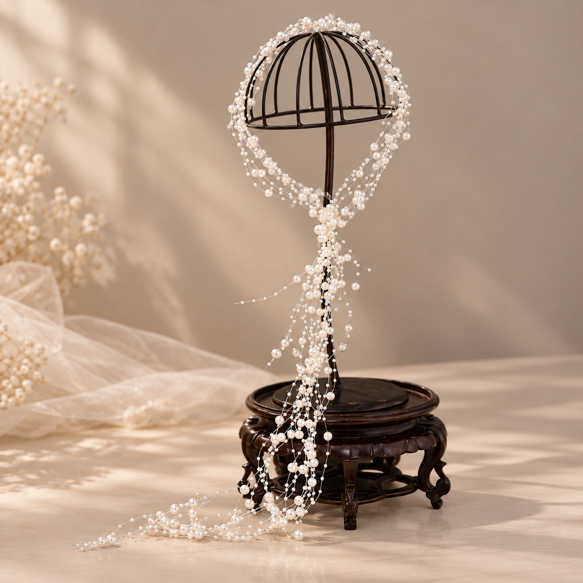 Pearl bridal cascade on vintage stand — Seraphine Silver Pearl Cascade Bridal Headpiece