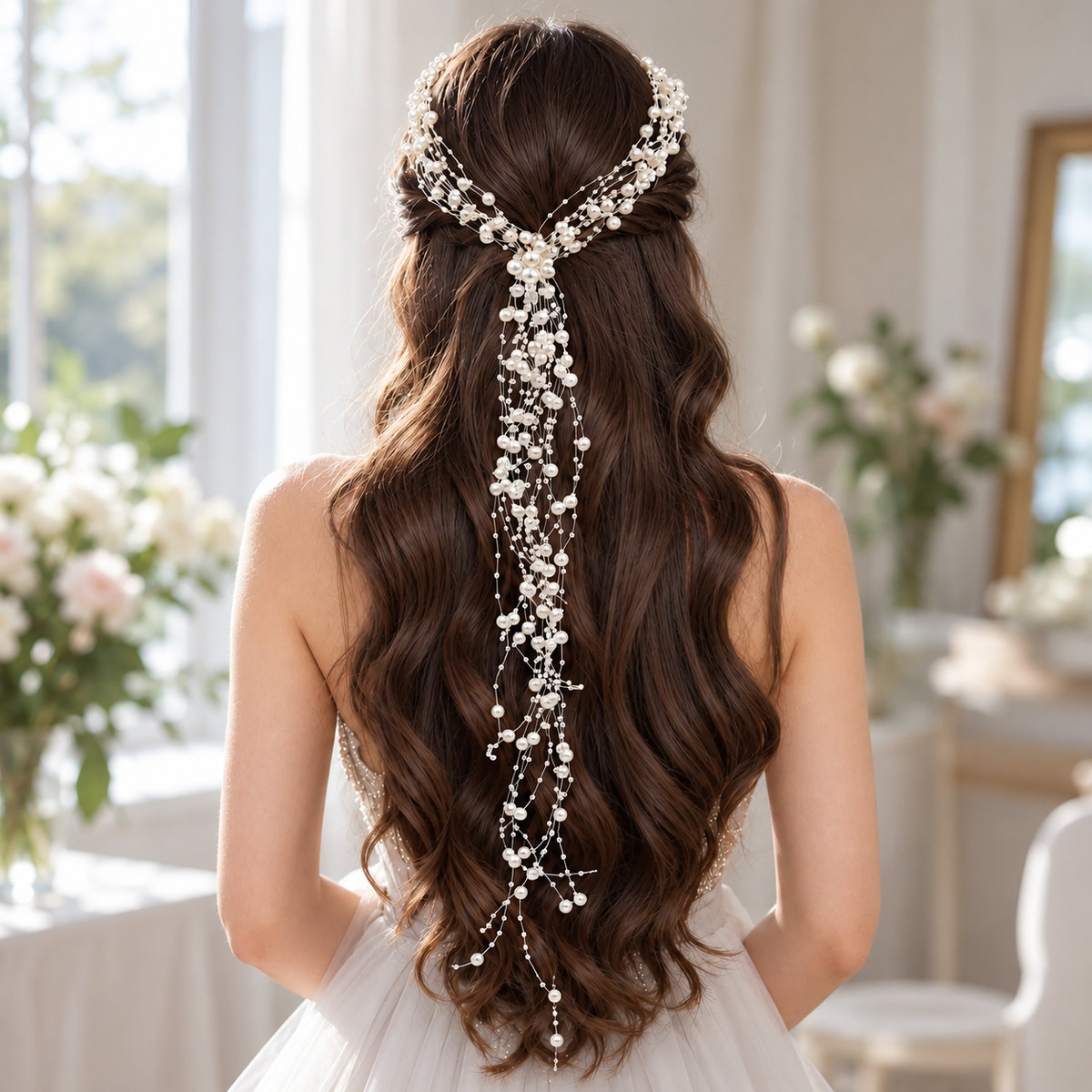 Pearl cascade bridal hairpiece — Seraphine Silver Pearl Cascade Bridal Headpiece