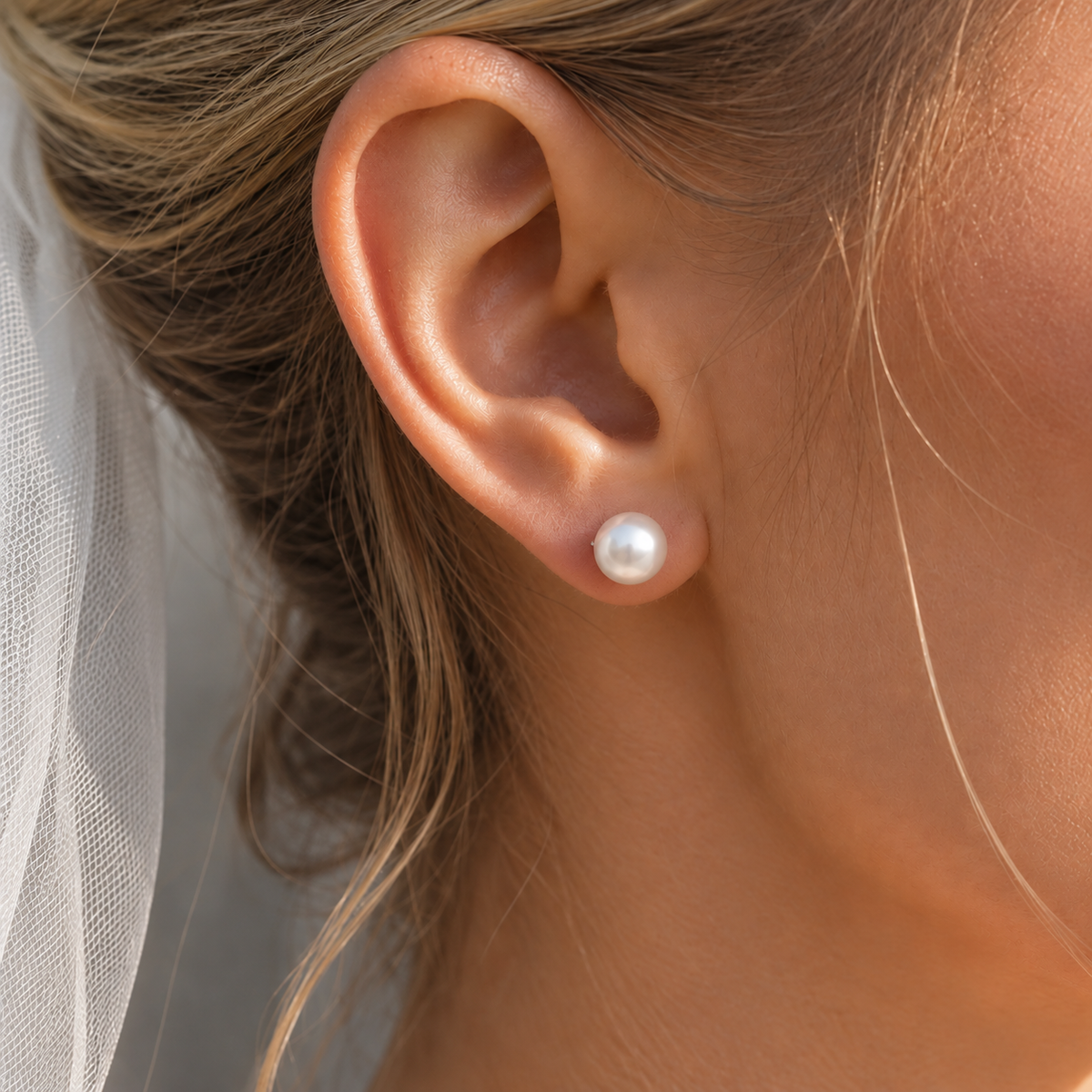 Pearl Stud Bridal Ear Portrait — The Elise Classic Shell Pearl Stud Earrings