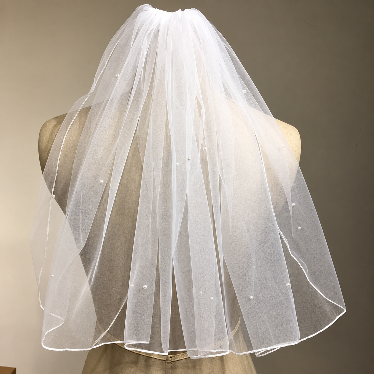 Pearled Veil on Mannequin — The Elodie White Rhinestone Short Bridal Veil