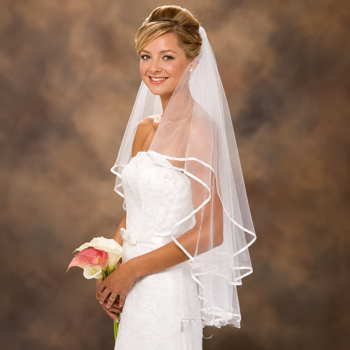 Radiant bride with calla lily bouquet — Adèle Classic Two-Tier Bridal Veil