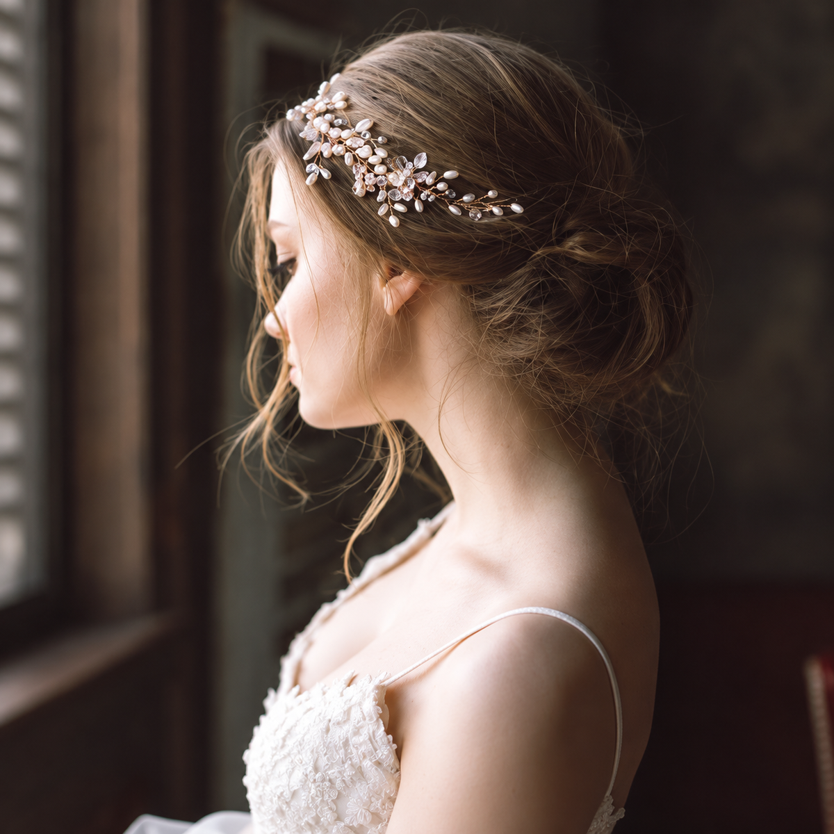 Romantic bridal profile with pearl hairpiece — Elowen Gold Pearl Leaf Bridal Hair Vine