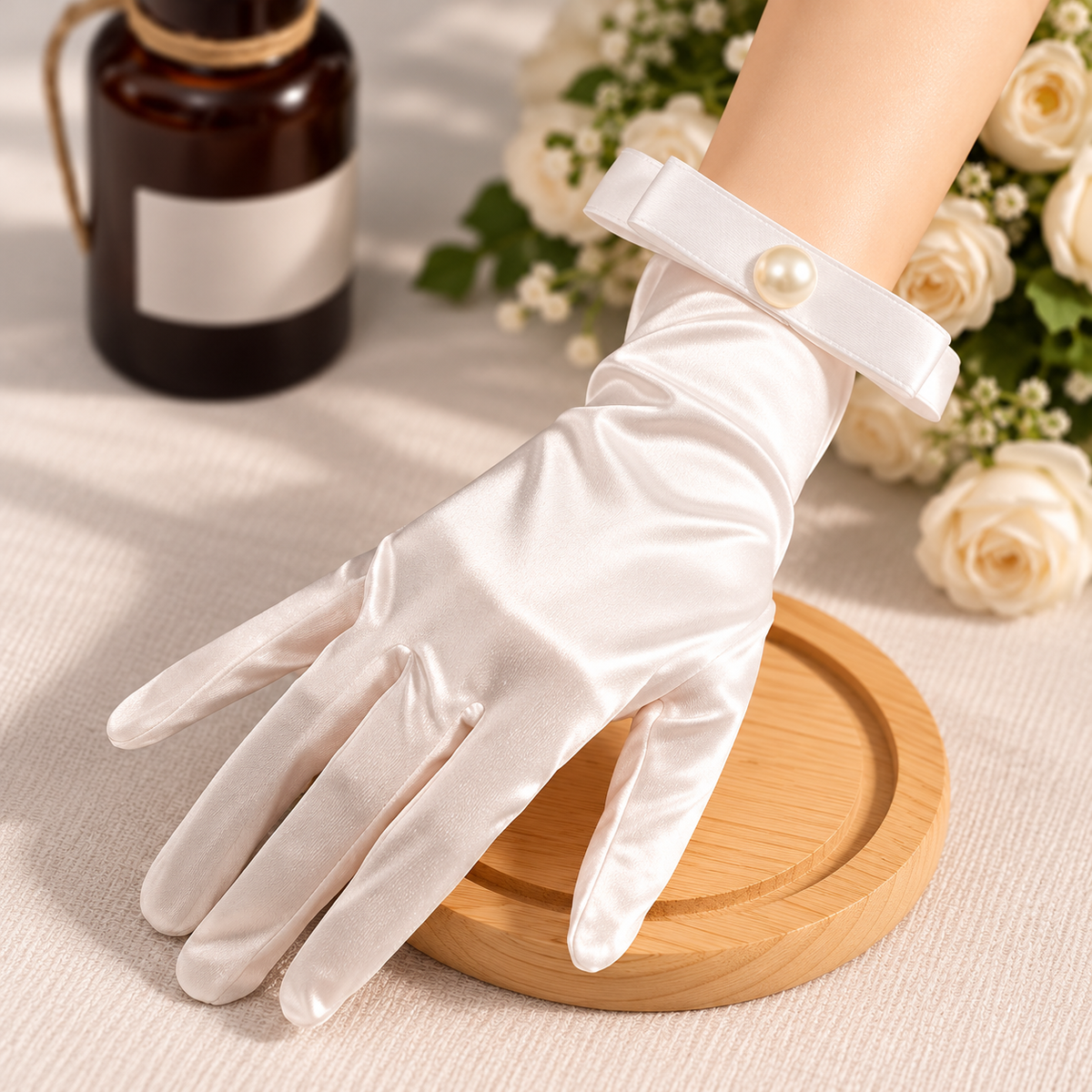 Romantic still life of ivory-toned satin bridal gloves