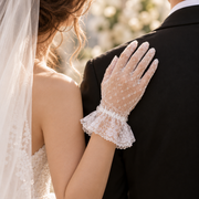 Romantic lace glove wedding portrait — Amélie Ruffle Mesh Bridal Gloves