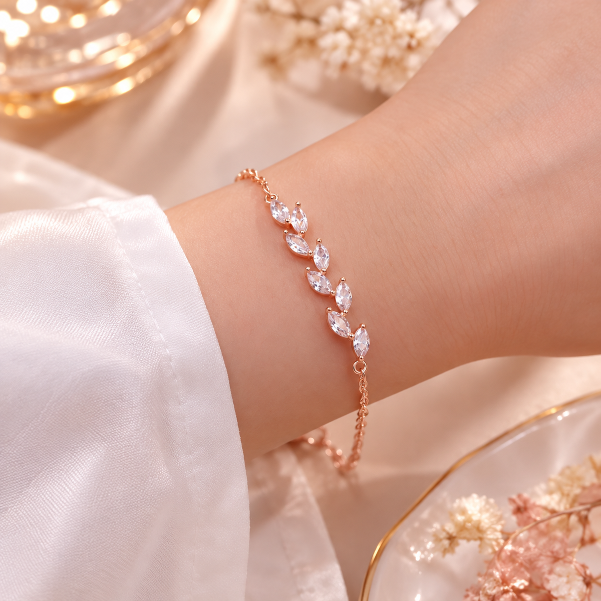Rose Gold Leaf Gemstone Bracelet — The Delphine Crystal Leaf Bridal Bracelet