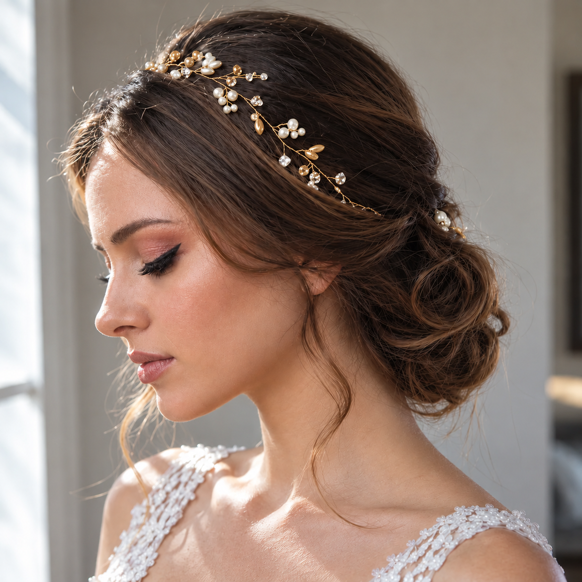 The Celeste Crystal Pearl Bridal Hair Vine