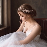 Serene bridal portrait with pearl hairpiece — Elowen Gold Pearl Leaf Bridal Hair Vine