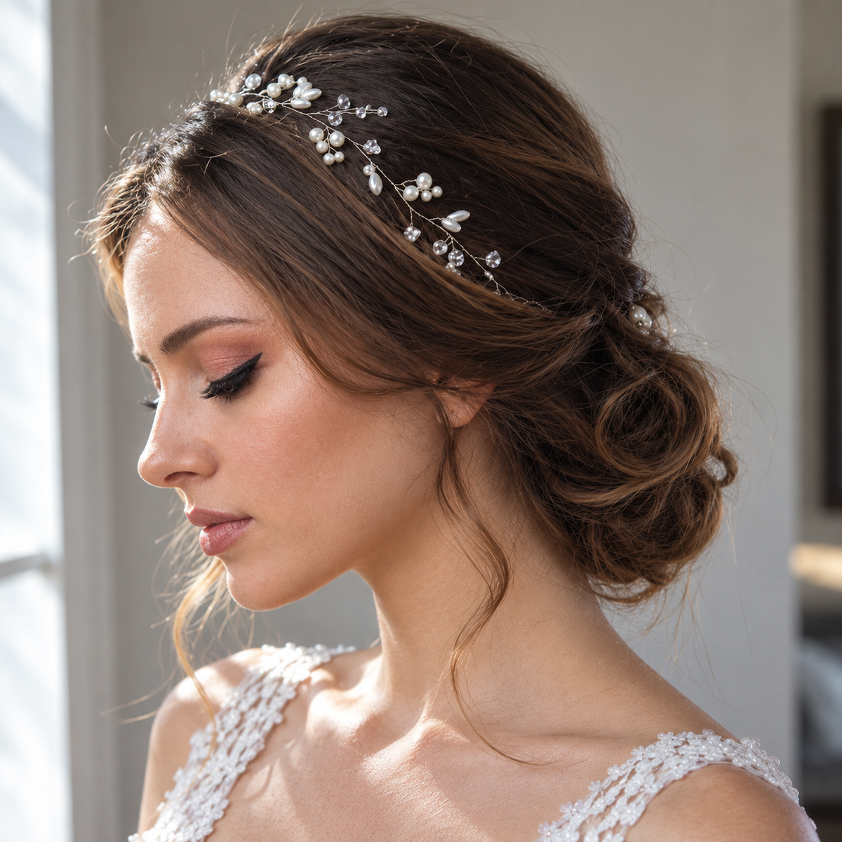 Serene bride with pearl hair vine — Celeste Crystal Pearl Bridal Hair Vine