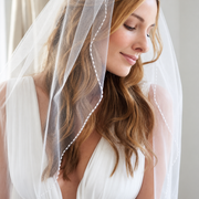 Serene veiled bridal portrait — Colette Crystal-Edge Fingertip Bridal Veil