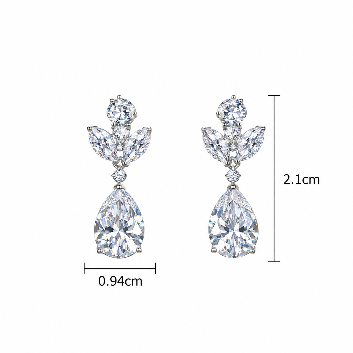 Silver-tone crystal-style teardrop earrings with floral accents, measuring approximately 2.1 cm long and 0.94 cm wide