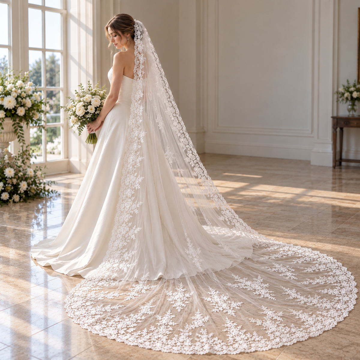 Elegant Bridal Portrait with Lace Veil — The Celeste Ivory Floral Lace Cathedral Bridal Veil