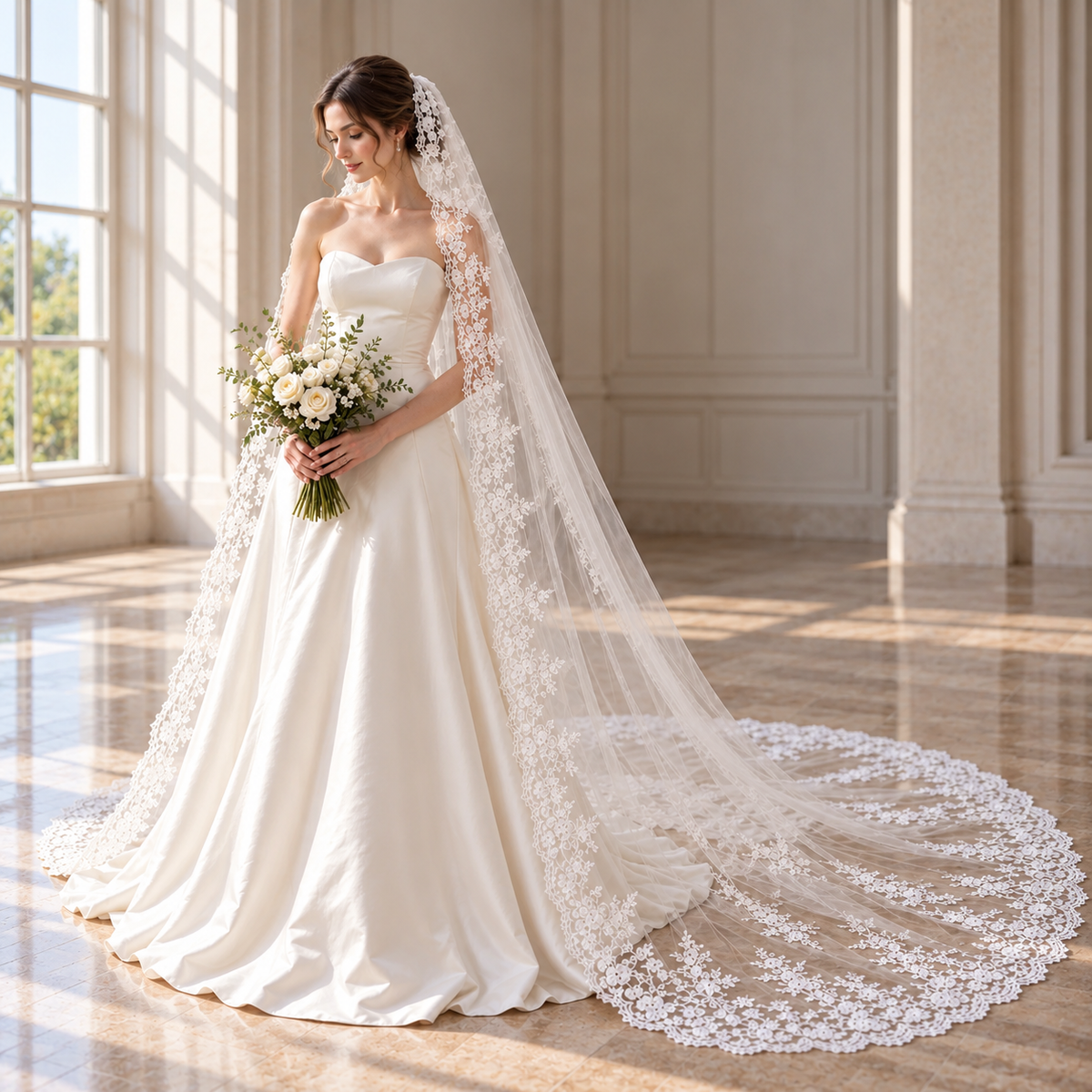 Elegant Bride in a Sunlit Ballroom — The Celeste Ivory Floral Lace Cathedral Bridal Veil