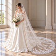 Elegant Bride in a Sunlit Ballroom — The Celeste Ivory Floral Lace Cathedral Bridal Veil