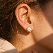 Sunlit Pearl Earring Portrait — The Clara Gold-Wrapped Natural Pearl Stud Earrings