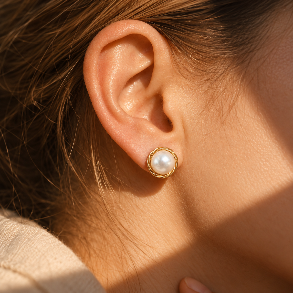 Sunlit Pearl Earring Portrait — The Clara Gold-Wrapped Natural Pearl Stud Earrings