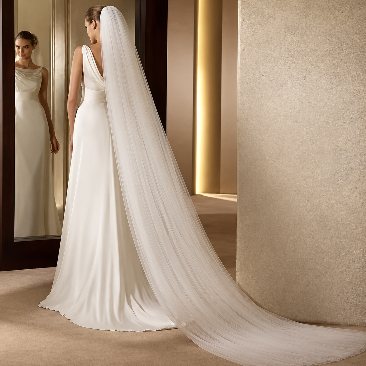 Veiled bride in a warm modern suite — Noelle Minimal Cathedral Bridal Veil