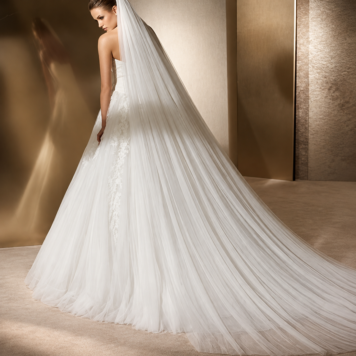 Veiled elegance in warm light — Noelle Minimal Cathedral Bridal Veil