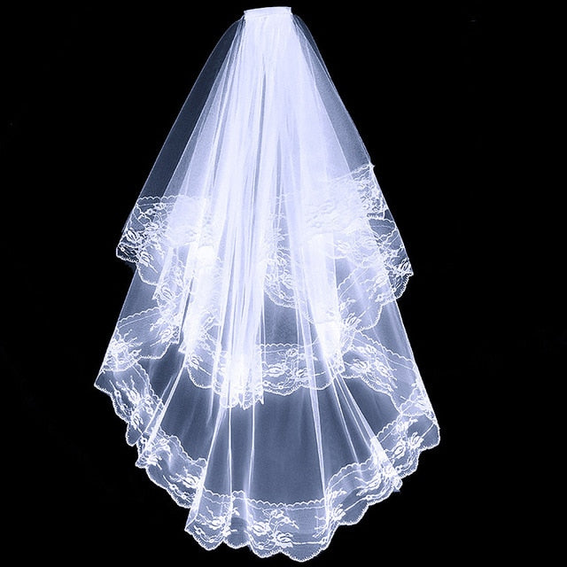 Seraphine white double-layer bridal veil with floral lace edging