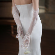 Ivory-white sheer floral lace wedding gloves, Florence style