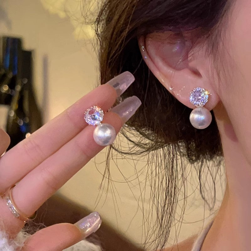 Estelle bridal pearl-style drop earrings with sparkling halo accents