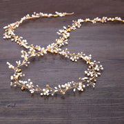 Celeste crystal pearl bridal hair vine with botanical branching accents